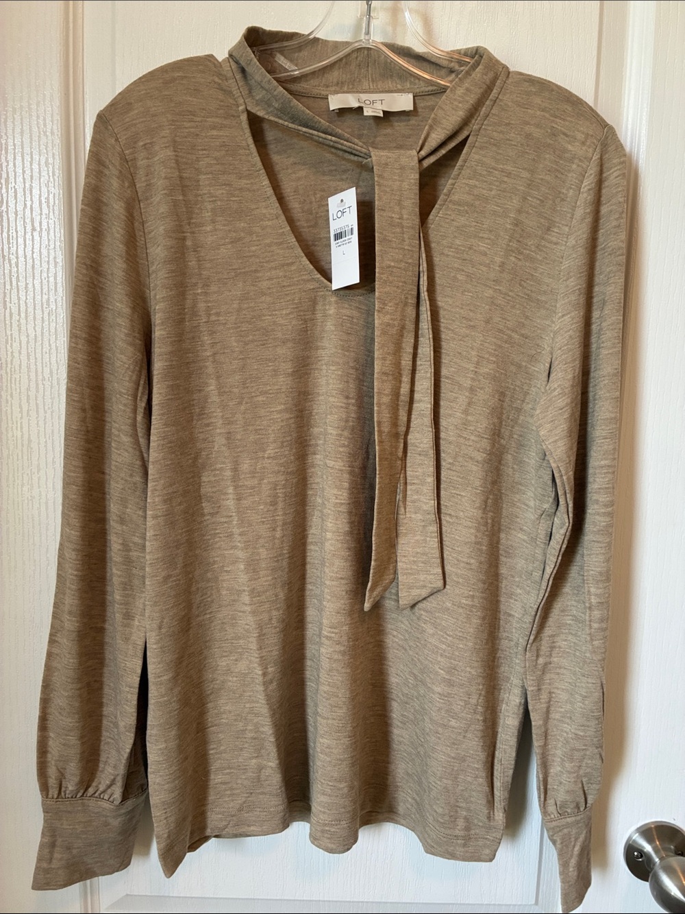 LOFT Taupe Tie-Neck Long Sleeve Top with V-Neck